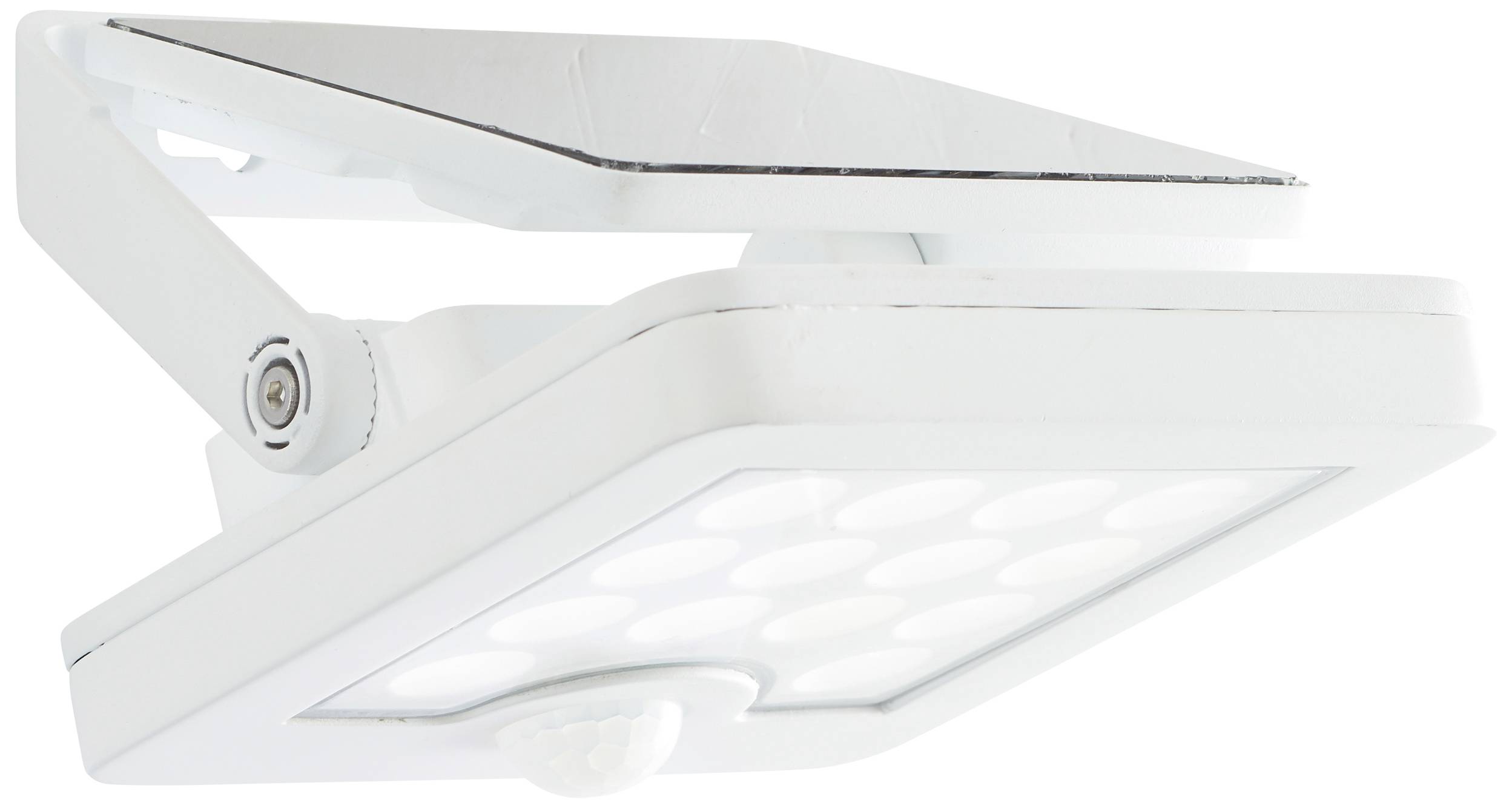 Bijela LED vanjska rasvjeta s detektorom pokreta. Pravokutni, plosnati dizajn, pogodan za montažu na zid. Energetski učinkovita za vanjska područja.