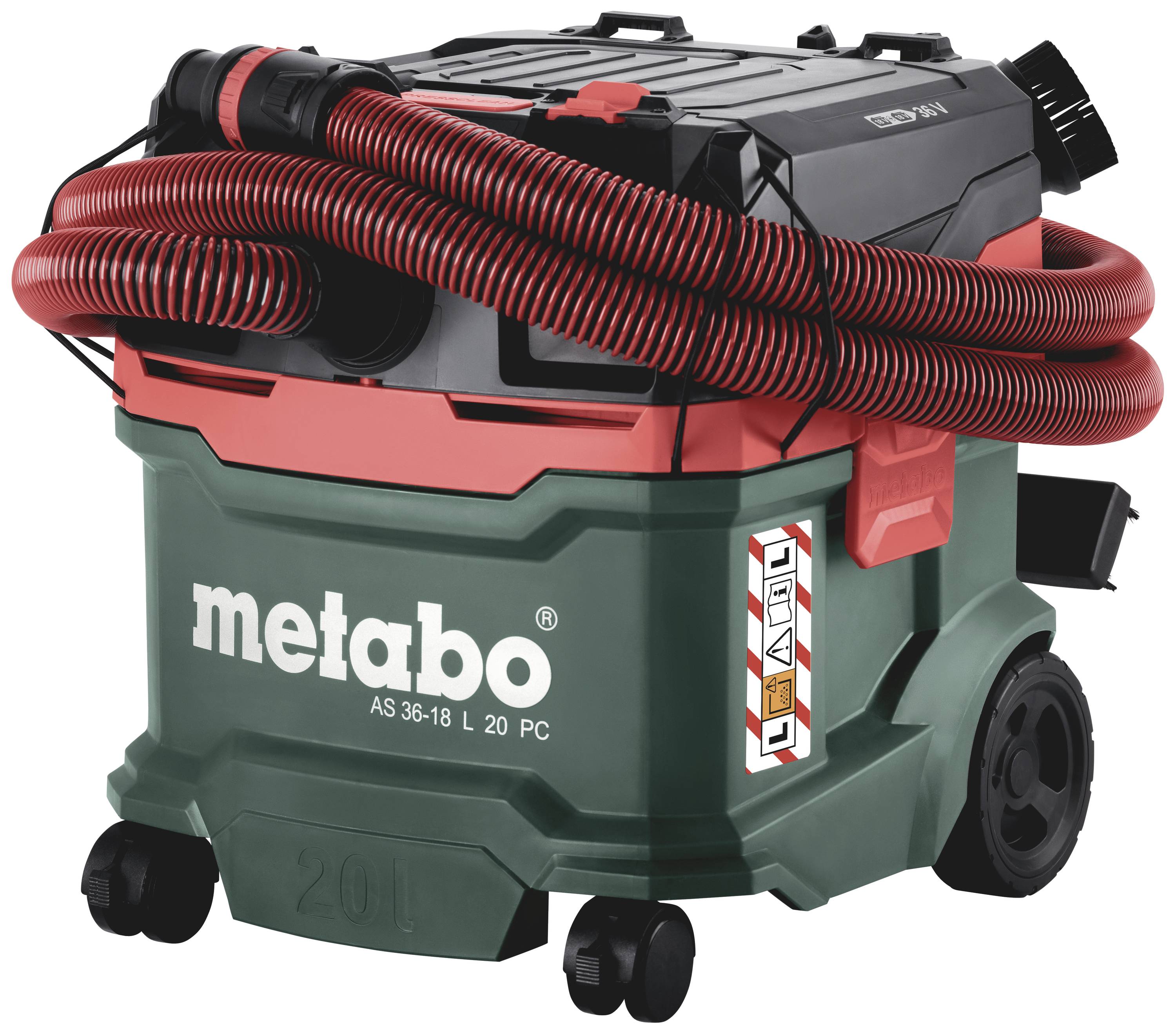 Zeleni industrijski usisavač s crnim poklopcem, crvenim cijevima i kotačima; pogodan za čišćenje radionice. Model 'metabo AS 36-18 L'.