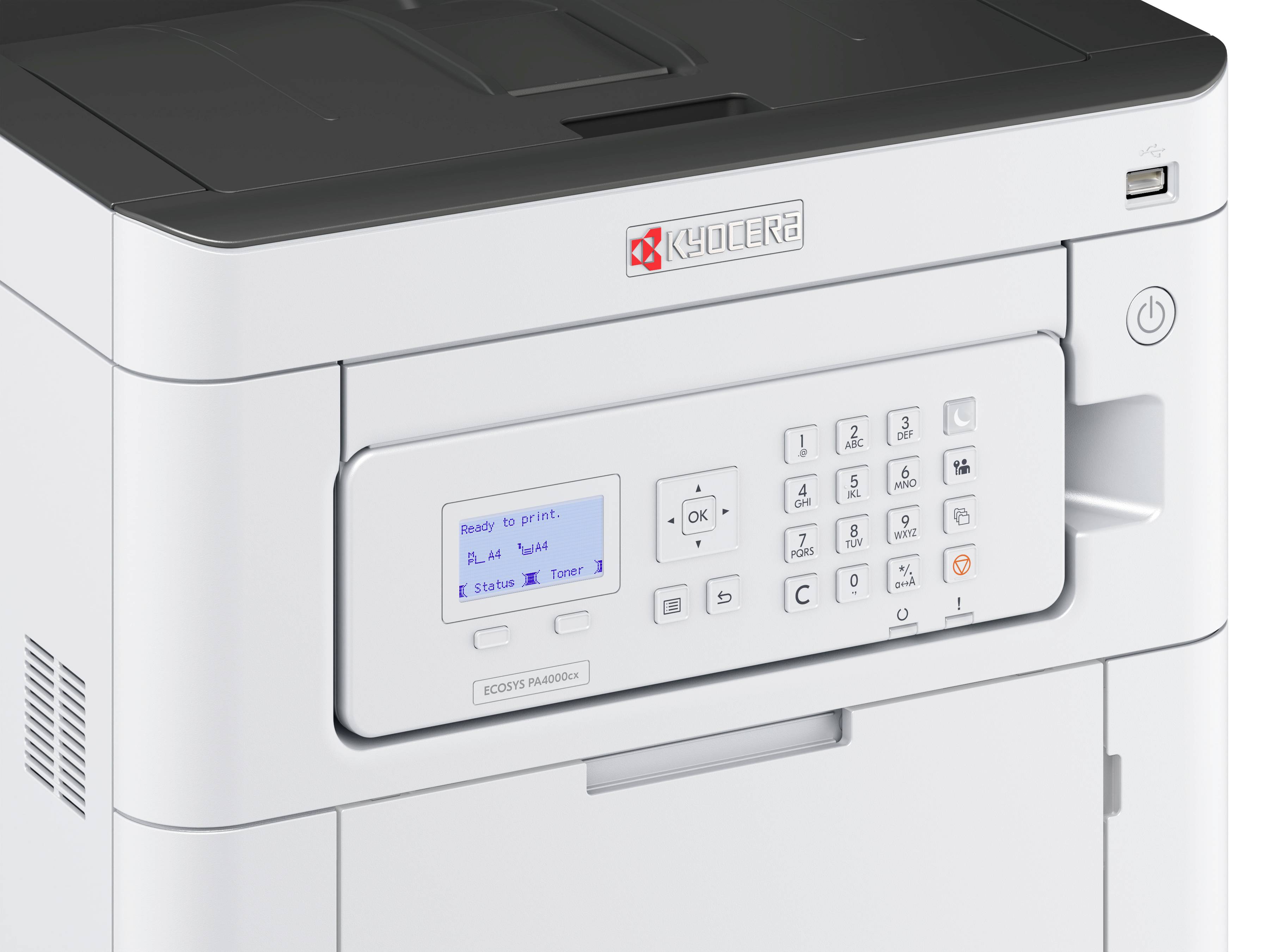 Sivi Kyocera printer s osvjetljenim zaslonom prikazuje 'Spreman za ispis'. Tipkovnica se nalazi desno od zaslona, printer je u stanju mirovanja.