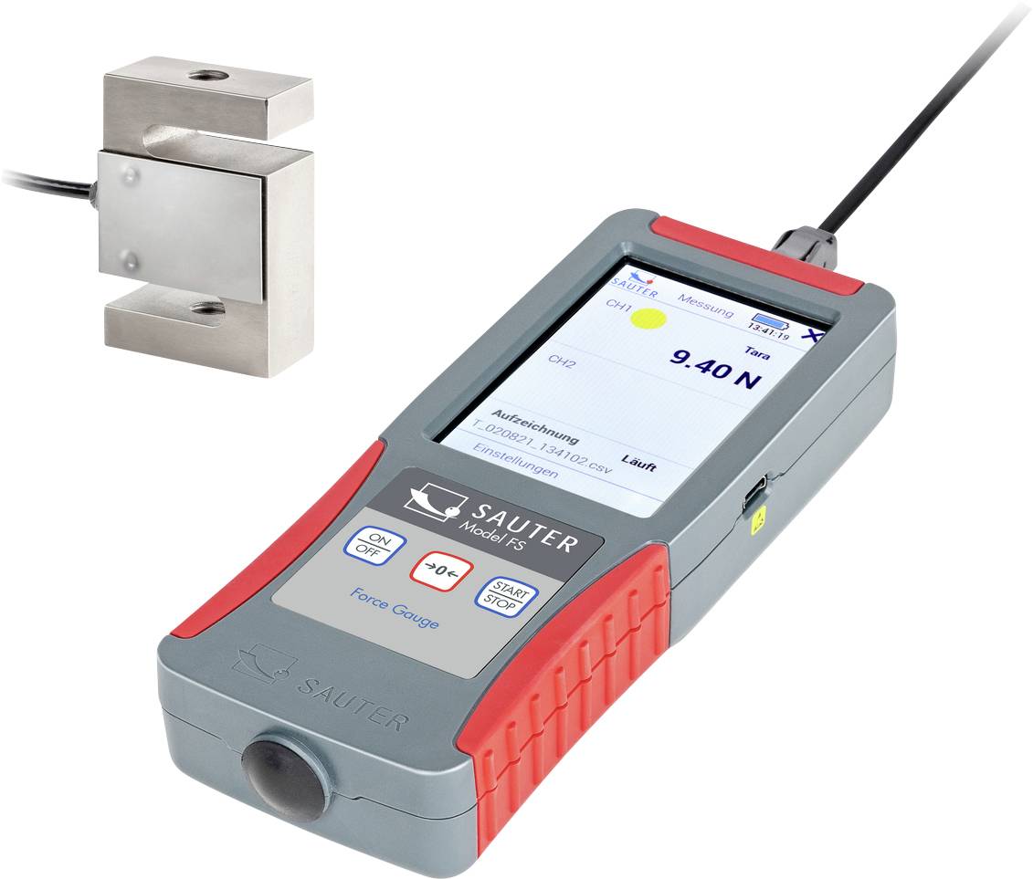 Uređaj za mjerenje sile pokazuje '9.40 N' na digitalnom zaslonu. Povezan s vanjskim senzorom. Glavne funkcije: Uključivanje/isključivanje, izbornik, start/stop.