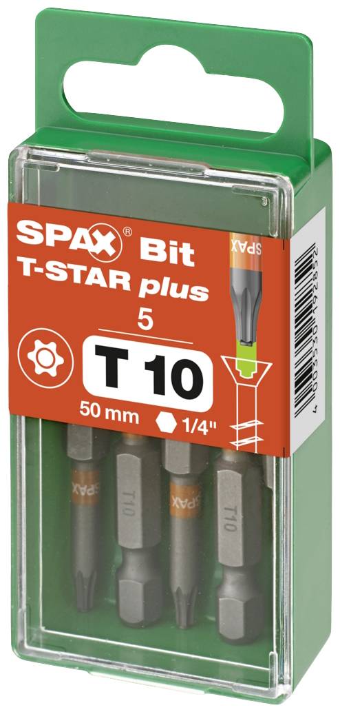 Zelena plastična ambalaža sadrži pet SPAX T-STAR plus bitova T10, dužine 50 mm, za odvijač. Pakiranju su vidljivi bitovi i logotip marke.