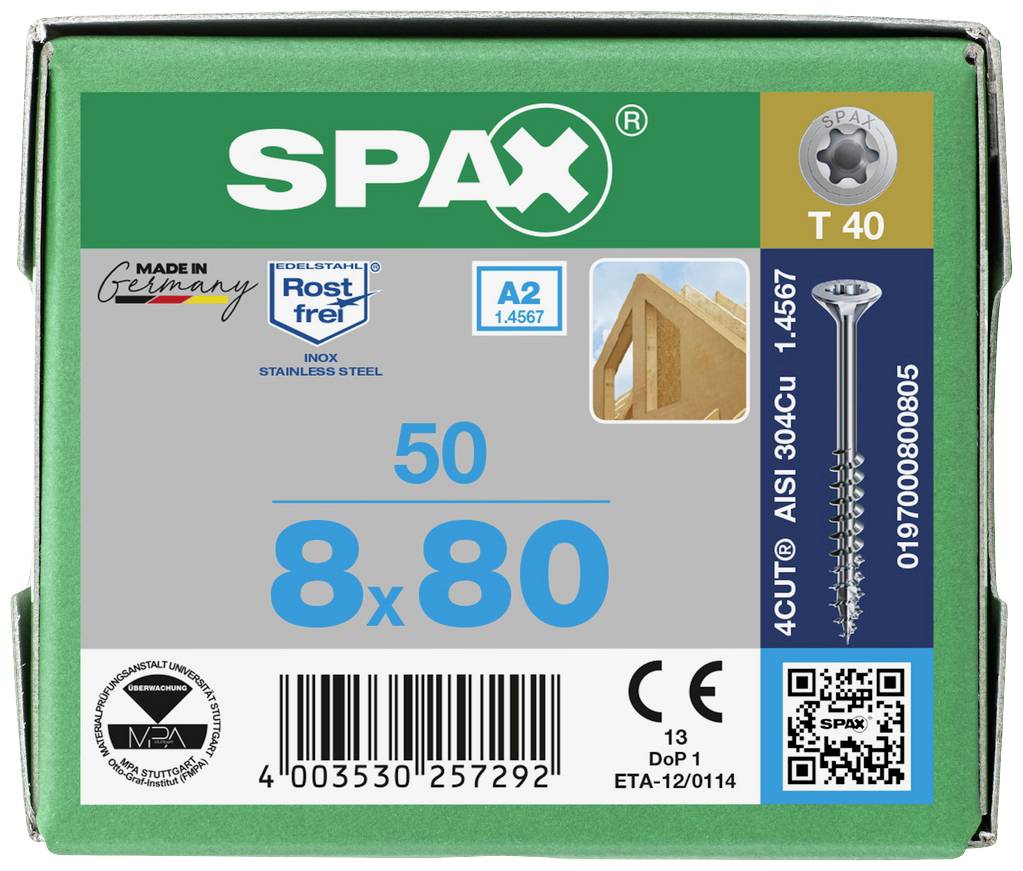 'Pakiranje Spax vijaka, 50 komada, 8x80 mm, od nehrđajućeg čelika. Sadrži sliku za graditeljstvo, QR kod i simbol otpornosti na hrđanje.'
