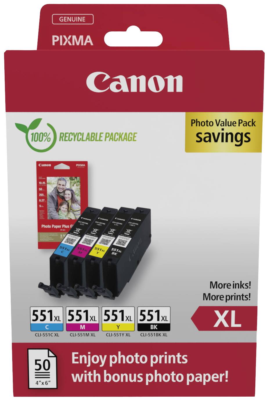 Paket Canon tinti patrona, sadrži CL-551 XL u crnoj, cijan, magenta i žutoj boji. Uključuje 50 listova foto papira, 100% reciklažna ambalaža.