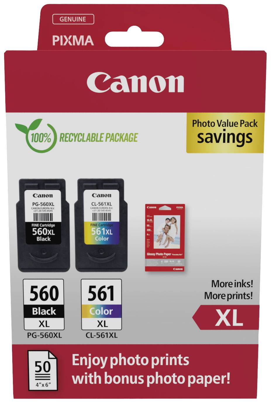 Canon paket tintnih patrona s dvije patronne u crnoj i u boji, plus bonus foto-papir. Pakiranja je reciklabilno.
