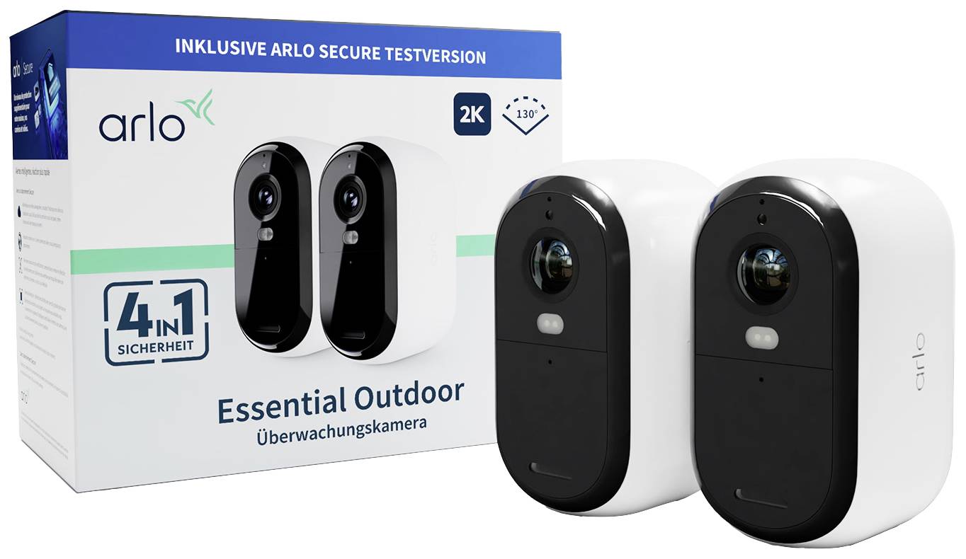 Set nadzornih kamera 'Arlo Essential Outdoor' s dvije 2K kamere i 130° širokim kutom, prikazan pored ambalaže.