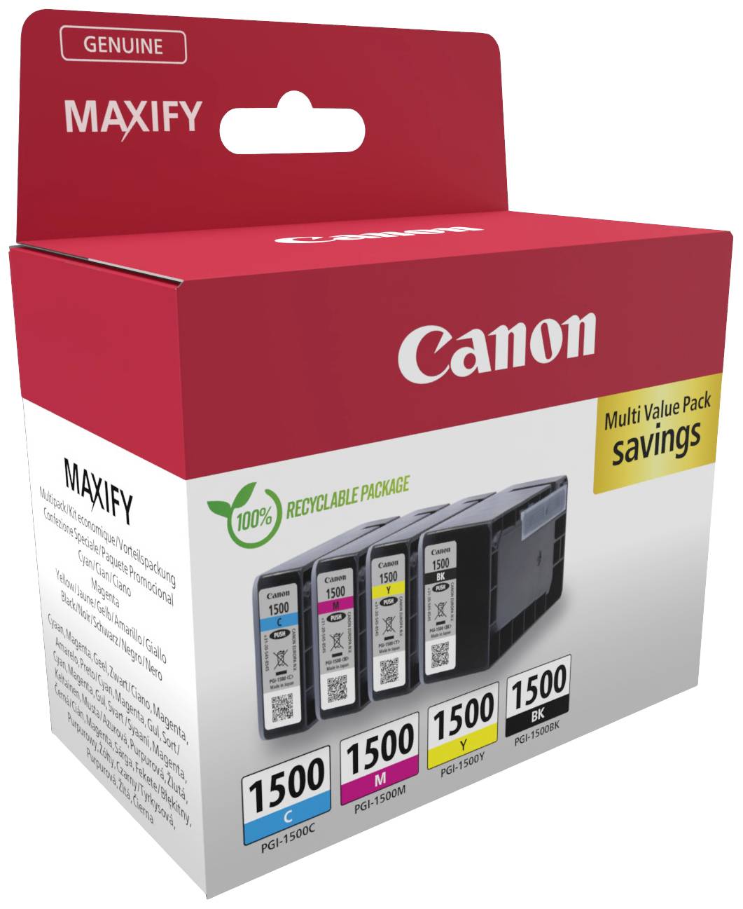 Canon MAXIFY komplet tinti sa crnim i obojenim patronama, doseg do 1500 stranica, u reciklažnoj ambalaži.
