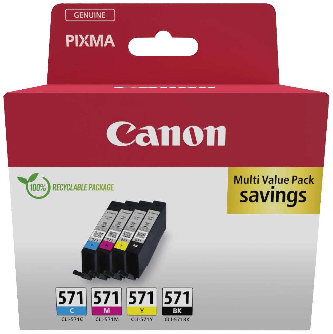 Canon tinta patroni, model CLI-571. Pakiranja sa četiri boje: cijan, magenta, žuta, crna. Pakiranja se mogu reciklirati.