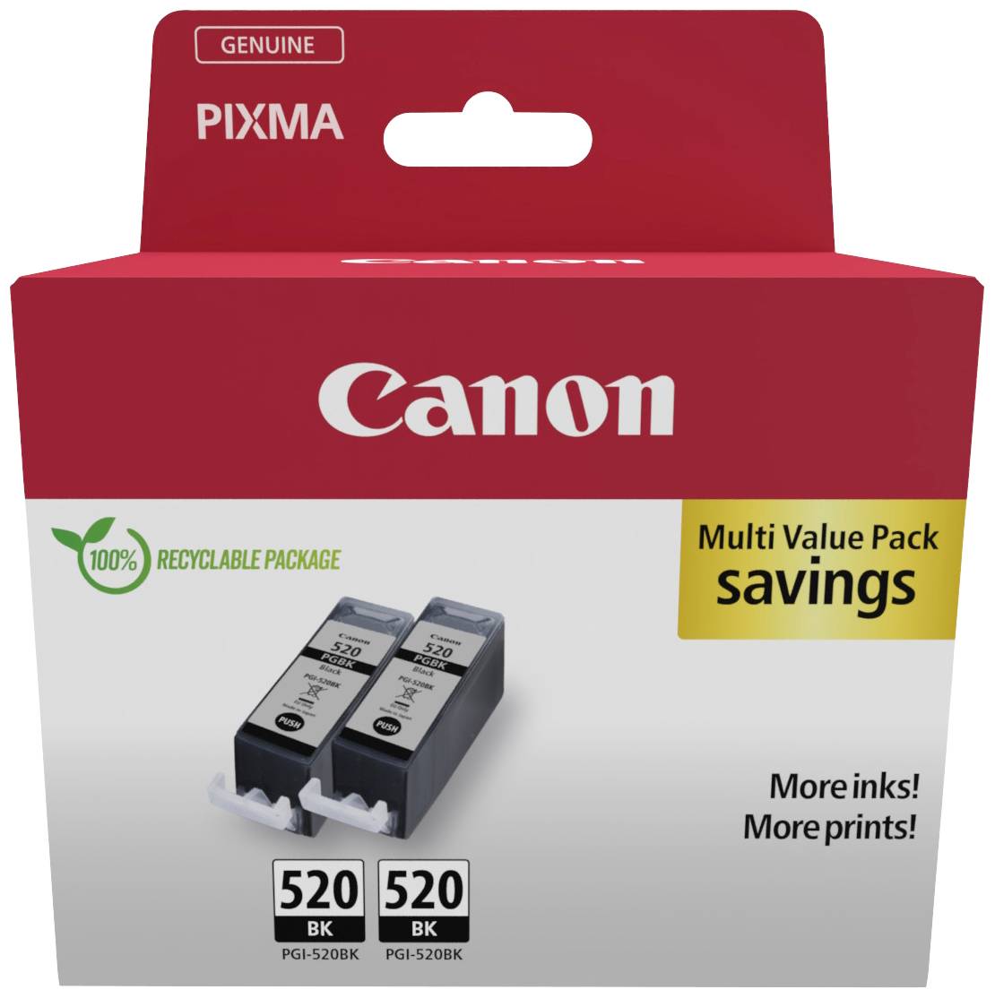 Paket Canon tinti patrona u crvenoj i bijeloj ambalaži s natpisom 'Multi Value Pack savings' i '520 BK'.
