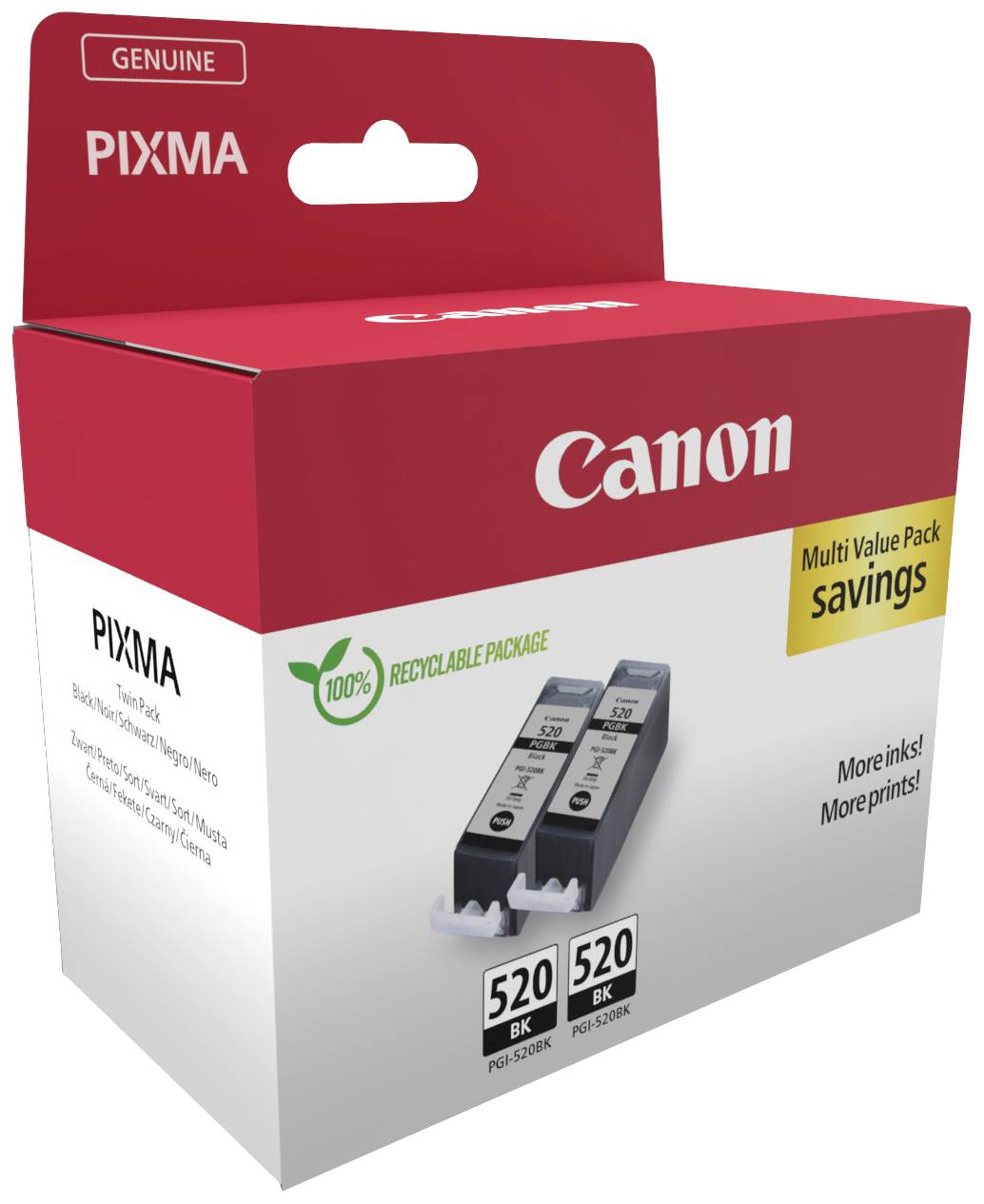 Canon PIXMA tintni višestruki paket s dva 520 BK patrona, 100% reciklabilno pakiranje, naglašava uštede uz više tinte i printanja.