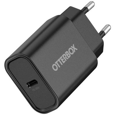 Crni mrežni adapter s dva okrugla utikača i USB-C priključkom; na njemu je otisnut logotip marke 'OtterBox'.