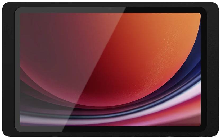 Prikazano je crno tablet uređaja s crvenom i ljubičastom pozadinom.