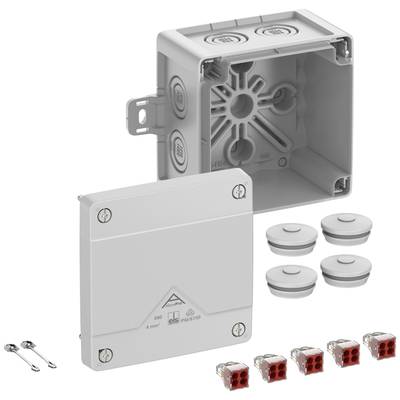 Siva pravokutna razvodna kutija s uklonjivim poklopcem, vijcima i priključcima; podesna za električne instalacije.