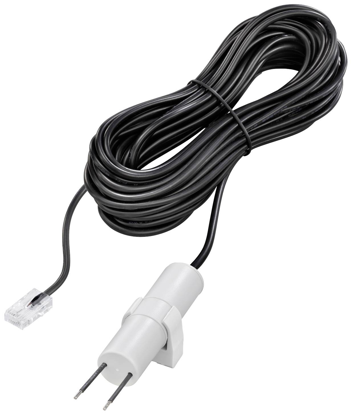 Slika prikazuje dugi crni kabel s bijelim senzorom za utikač. Koristi se za mjerenje temperature u tehničkim uređajima.