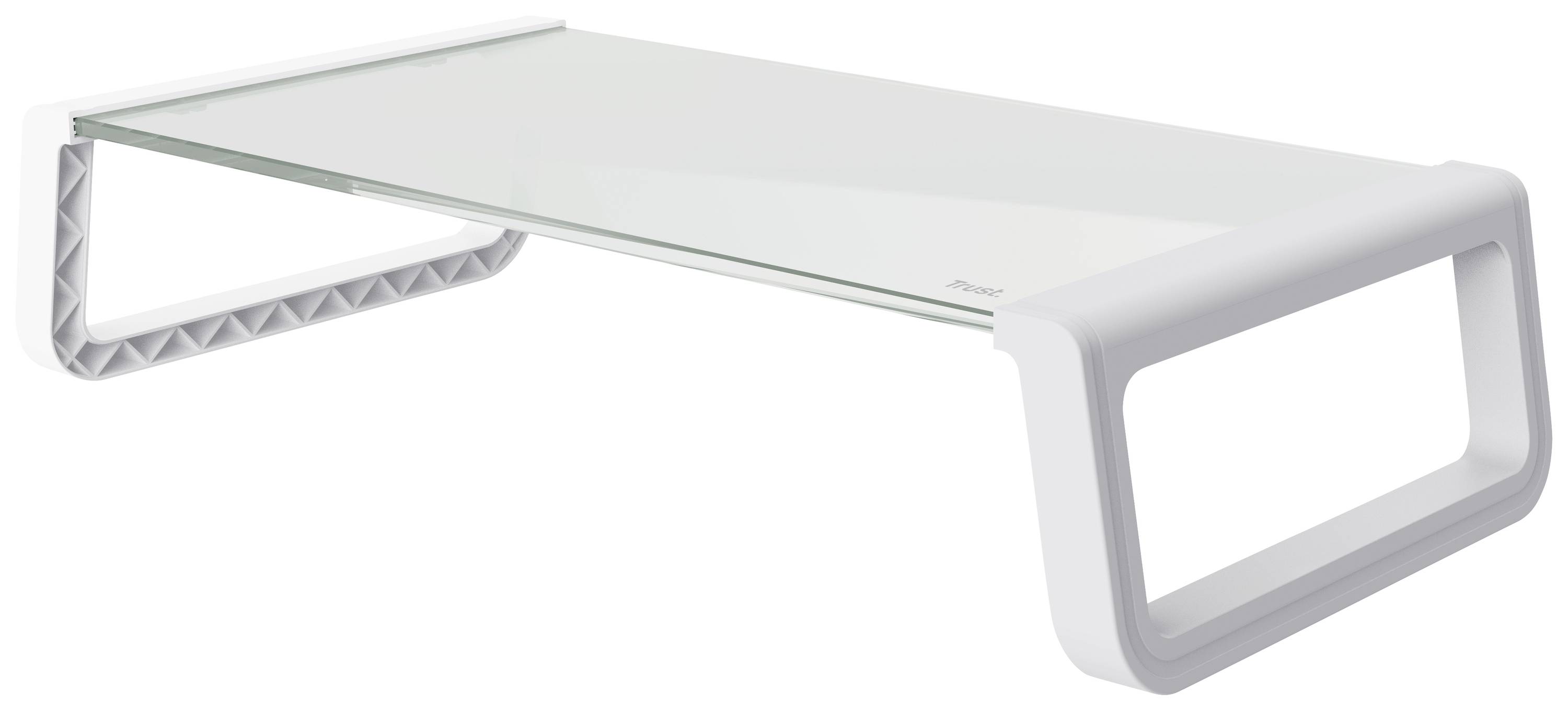 Stakleni stalak za monitor s bijelim bočnim stranicama, pogodan za podizanje monitora na stolu radi bolje ergonomije.