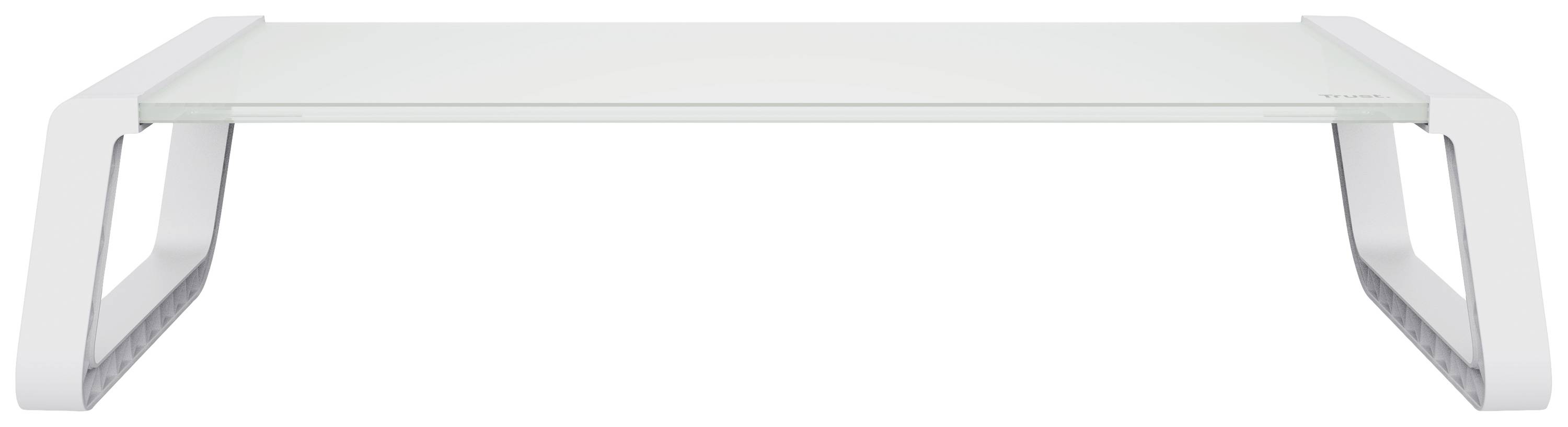Minimalistički, bijeli stalak za monitor izrađen od stakla i metala sa zaobljenim rubovima. Idealan za optimizaciju radnog prostora.
