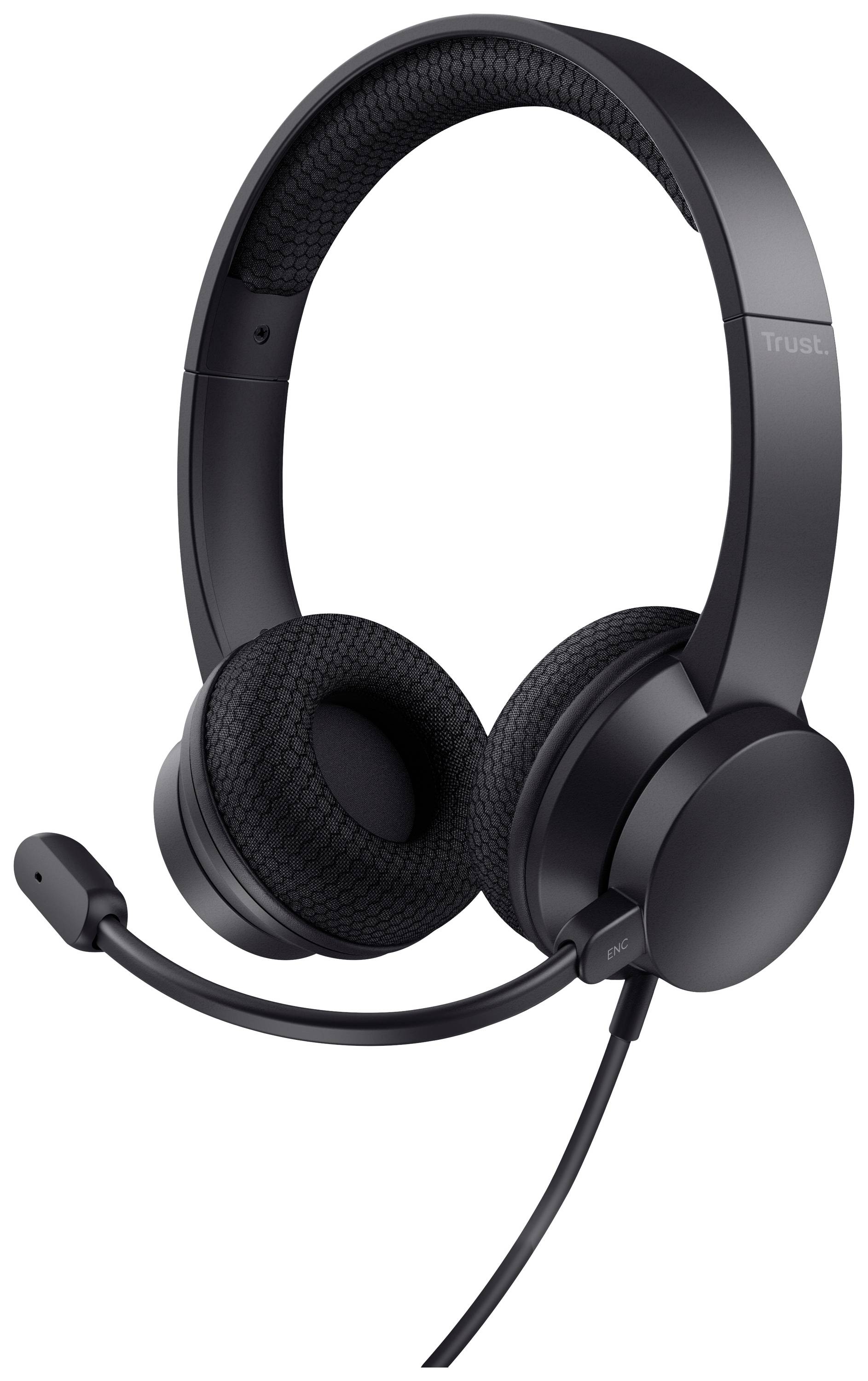 Crni over-ear slušalice sa savijenim lukom i integriranim mikrofonom na kabelu. Idealne za računalne ili telefonske pozive.