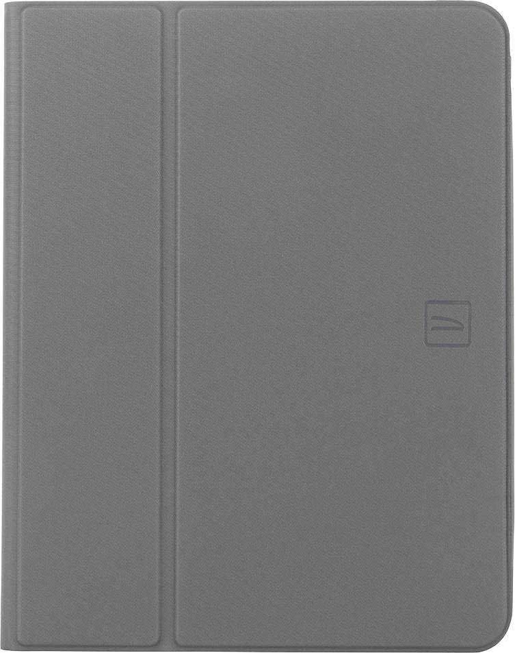 Siva futrola za tablet s klapnom i bočnom leđima, prikazana zatvorena na običnoj podlozi.