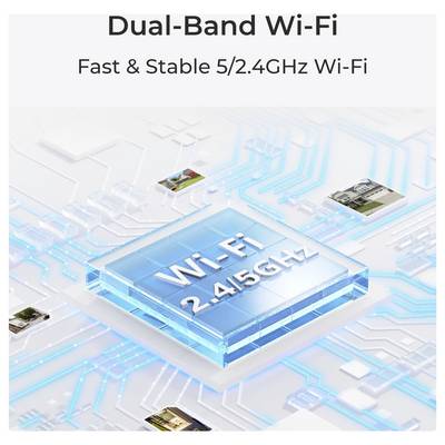 Dvostrukopojasni Wi-Fi: Brz i stabilan 5/2,4 GHz Wi-Fi prikazuje 2,4/5 GHz Wi-Fi čip na sklopovlju, naglašavajući povezivost i performanse.