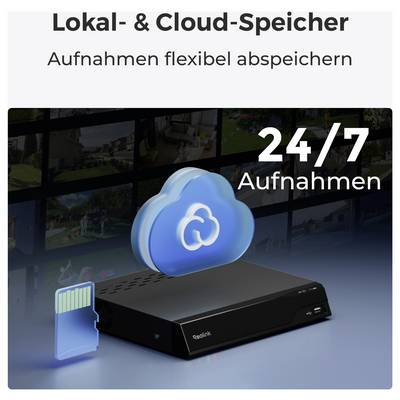 Reolink mogućnosti pohrane: lokalno icloud spremanje. Slika prikazuje uređaj za pohranu i plavu ikonu oblaka s tekstom '24/7 snimanje'.