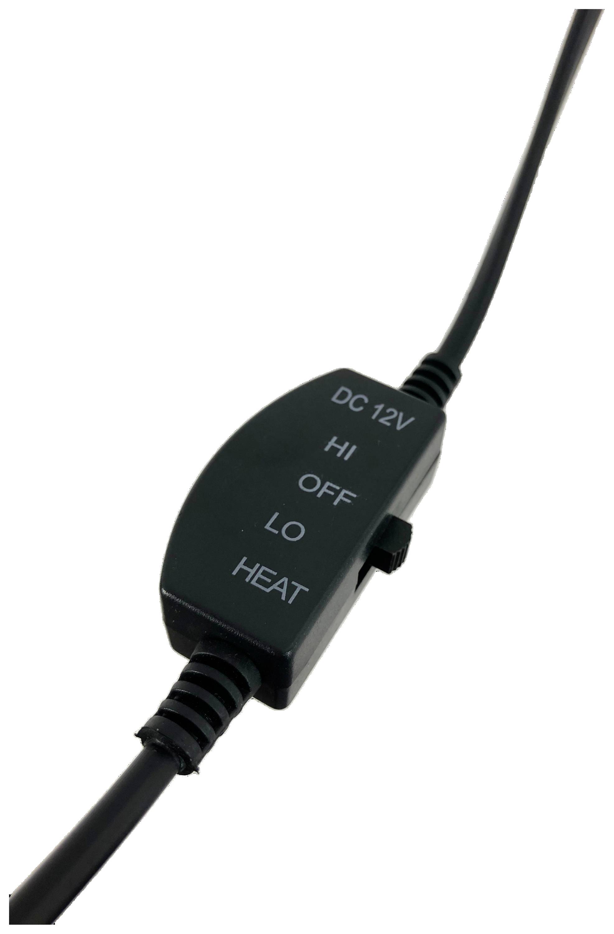 Crni prekidač na kablu s razinama 'HI', 'OFF', 'LO' i 'HEAT', s natpisom 'DC 12V'.