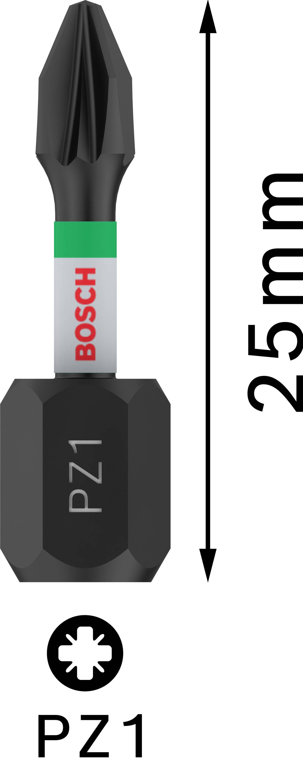'Bosch PZ1 bit za odvijač, dugačak 25mm, crni bit sa zelenim prstenom, prikazuje Pozidrive vrh. Pogodan za radove sa vijcima.'