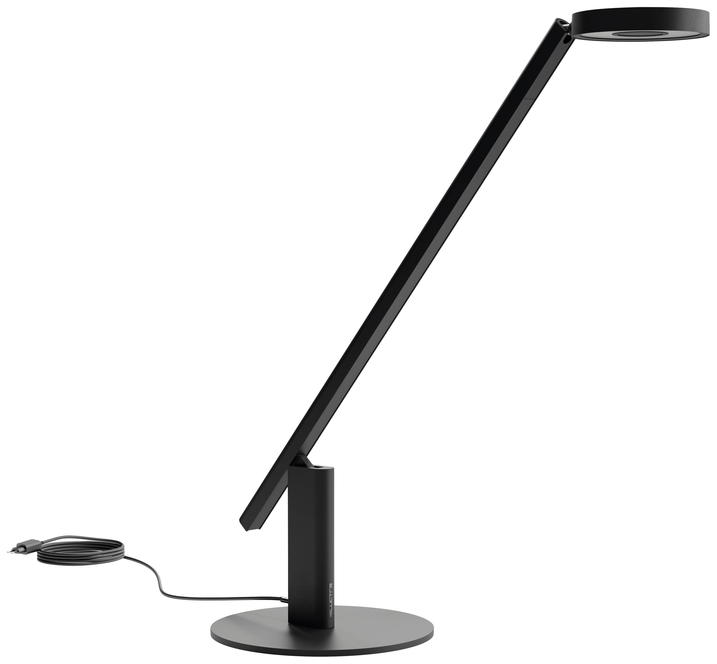 Crna, moderna stolna lampa s okruglom bazom i podesivom rukom. Glava lampe je ravna i kružna, s električnim kabelom na bazi.