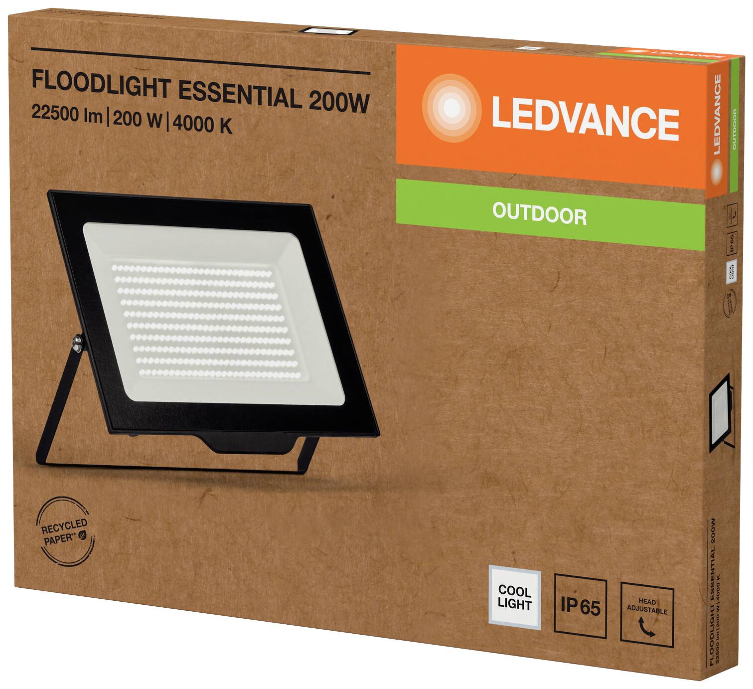 Ambalaža LED vanjskog reflektora tvrtke Ledvance, model: Floodlight Essential 200W, 22500 lm, 200W, 4000K, IP65, reciklirani karton.