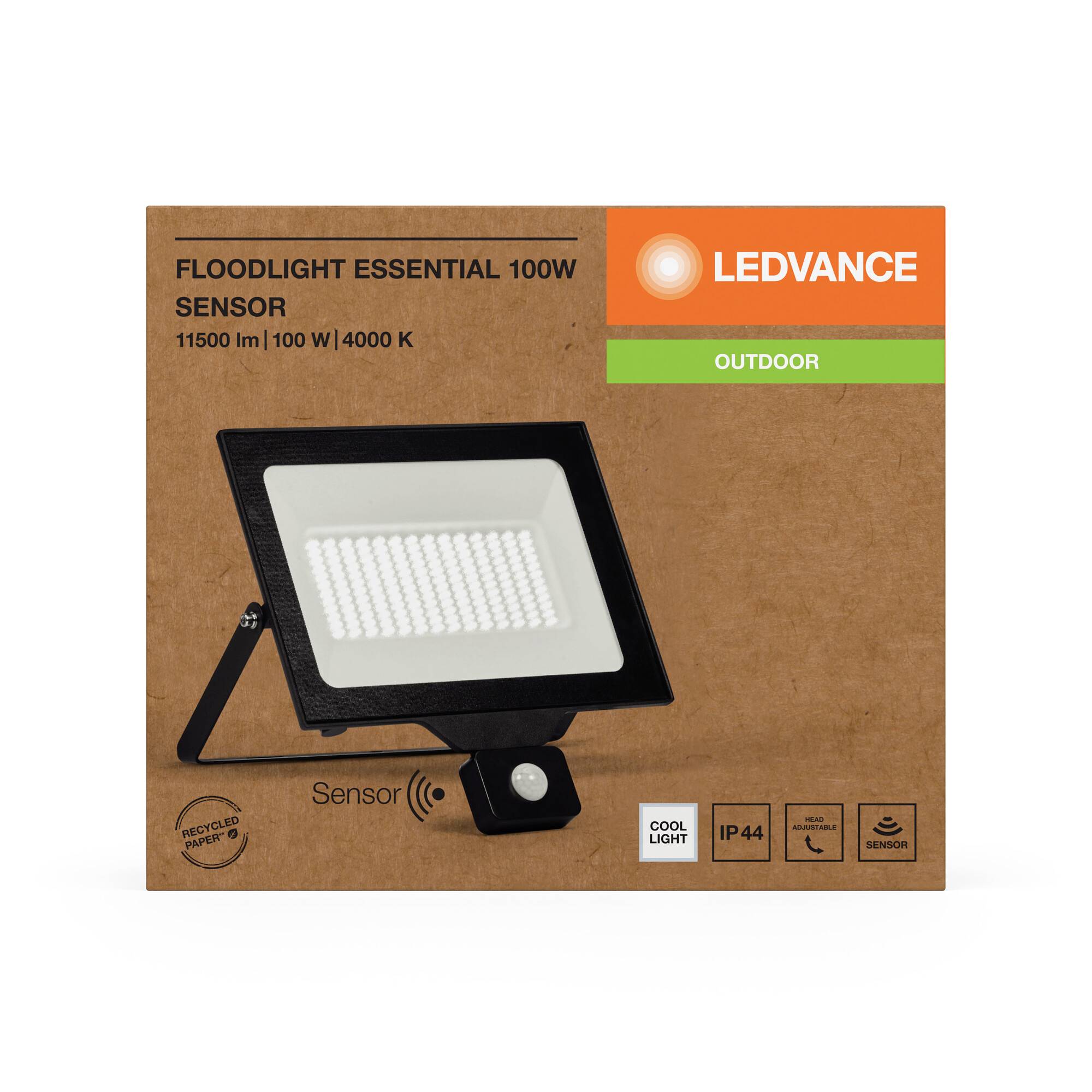 LED reflektor sa senzorom, 100W, 11500 lm, 4000K, IP44. Naziv marke 'LEDVANCE', pogodan za vanjsku upotrebu. Pakiranje od recikliranog papira.