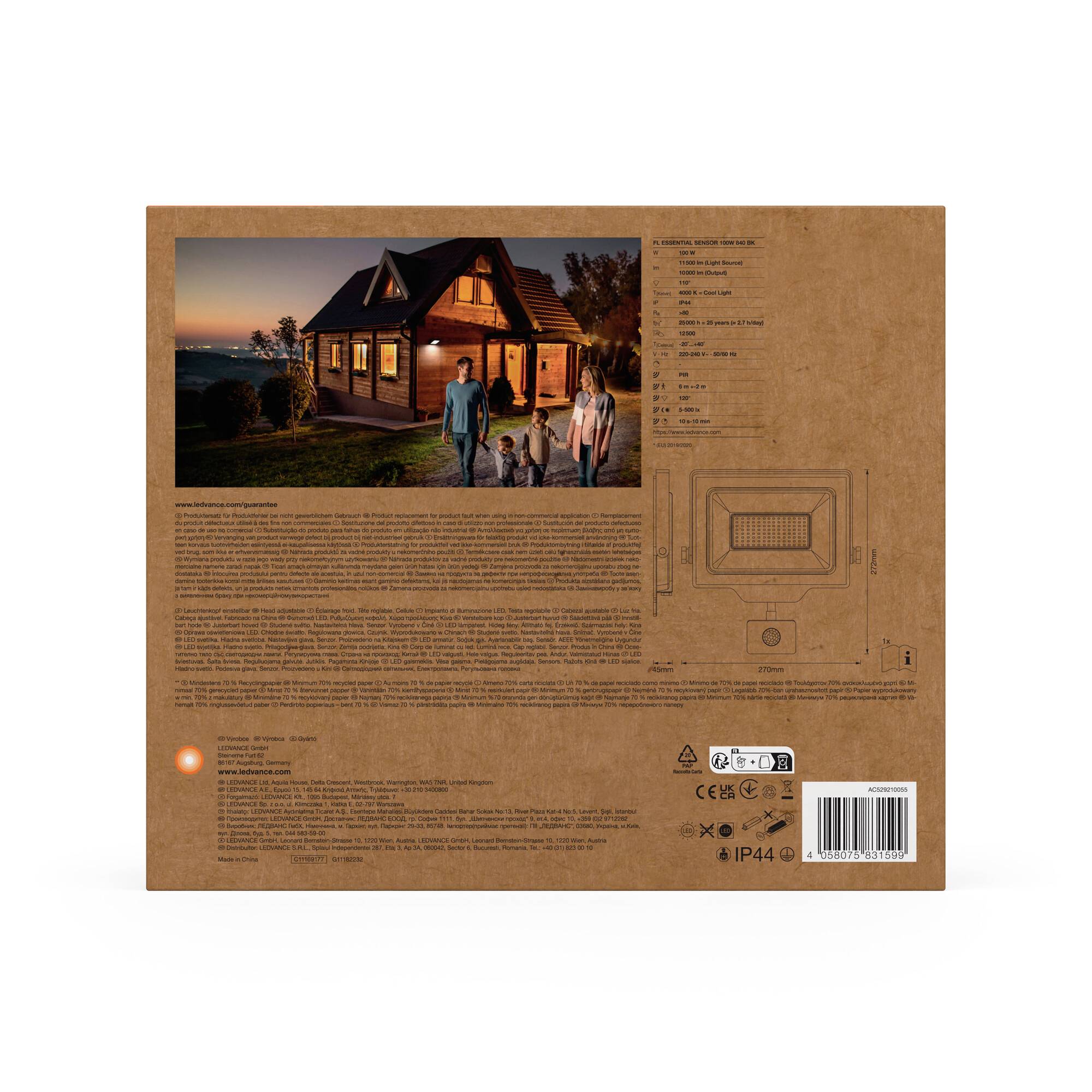 Straža ambalaže vanjske rasvjete s prikazanom kućom u sumrak. Vidljivi tehnički detalji i sigurnosne oznake.