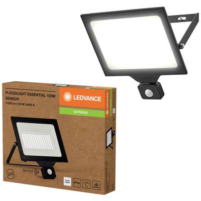 LED-reflektor s senzorom pokreta, 100W, crni, pravokutni. Pakiranje prikazuje sliku proizvoda i specifikacije. Pogodan za vanjsku upotrebu.