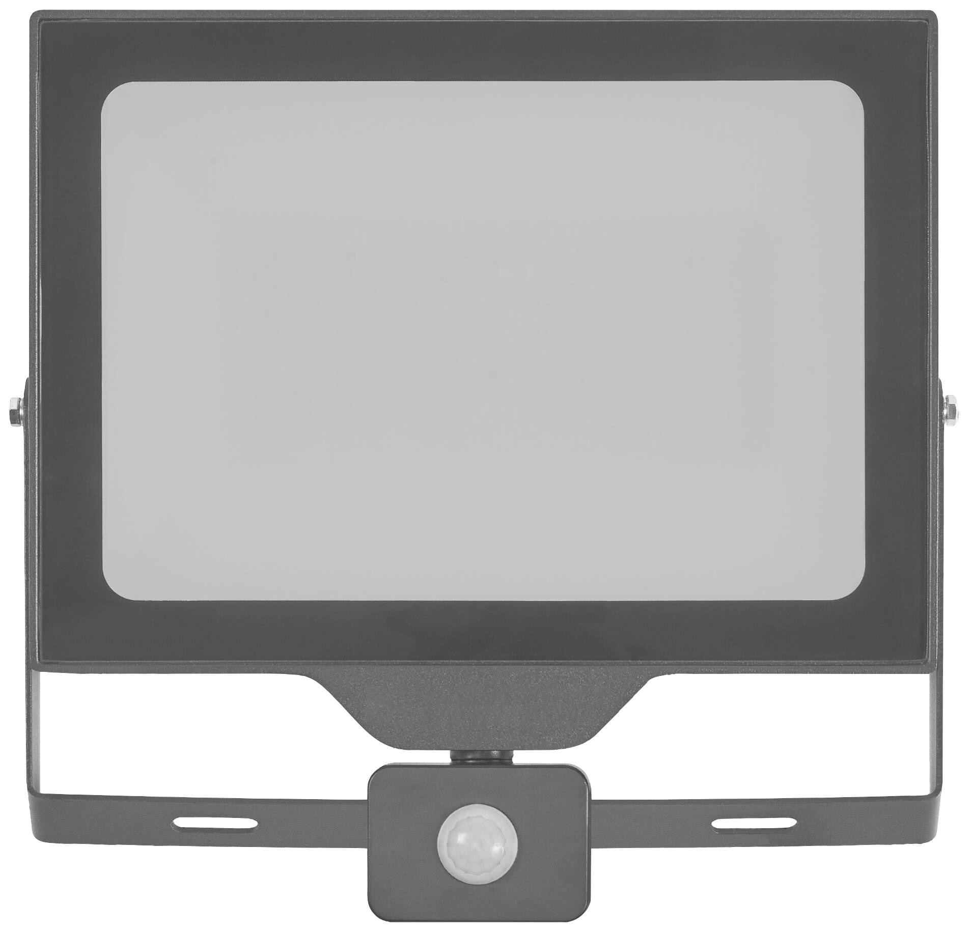 Crni LED reflektor s pravokutnim kućištem i integriranim senzorom pokreta ispod, pogodan za vanjsku rasvjetu.