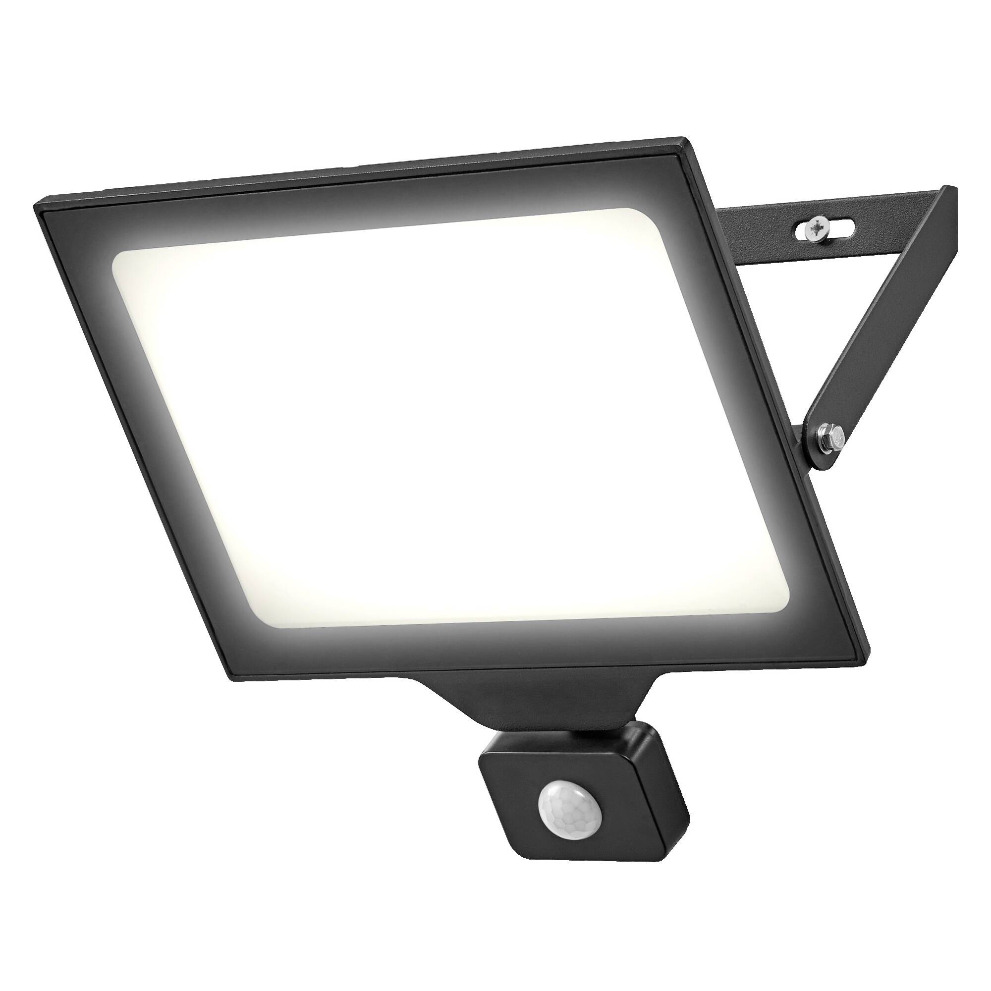 Kvadratna LED vanjska svjetiljka s senzorom pokreta, montažna na zidni nosač. Emitira bijelo svjetlo i energetski je učinkovita.