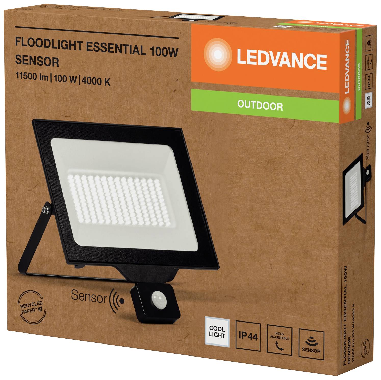 Pakiranje prikazuje LED reflektor sa senzorom, 100W, 11500 lumena, 4000K temperatura boje. Marka: LEDVANCE. Pogodan za vanjsku upotrebu.