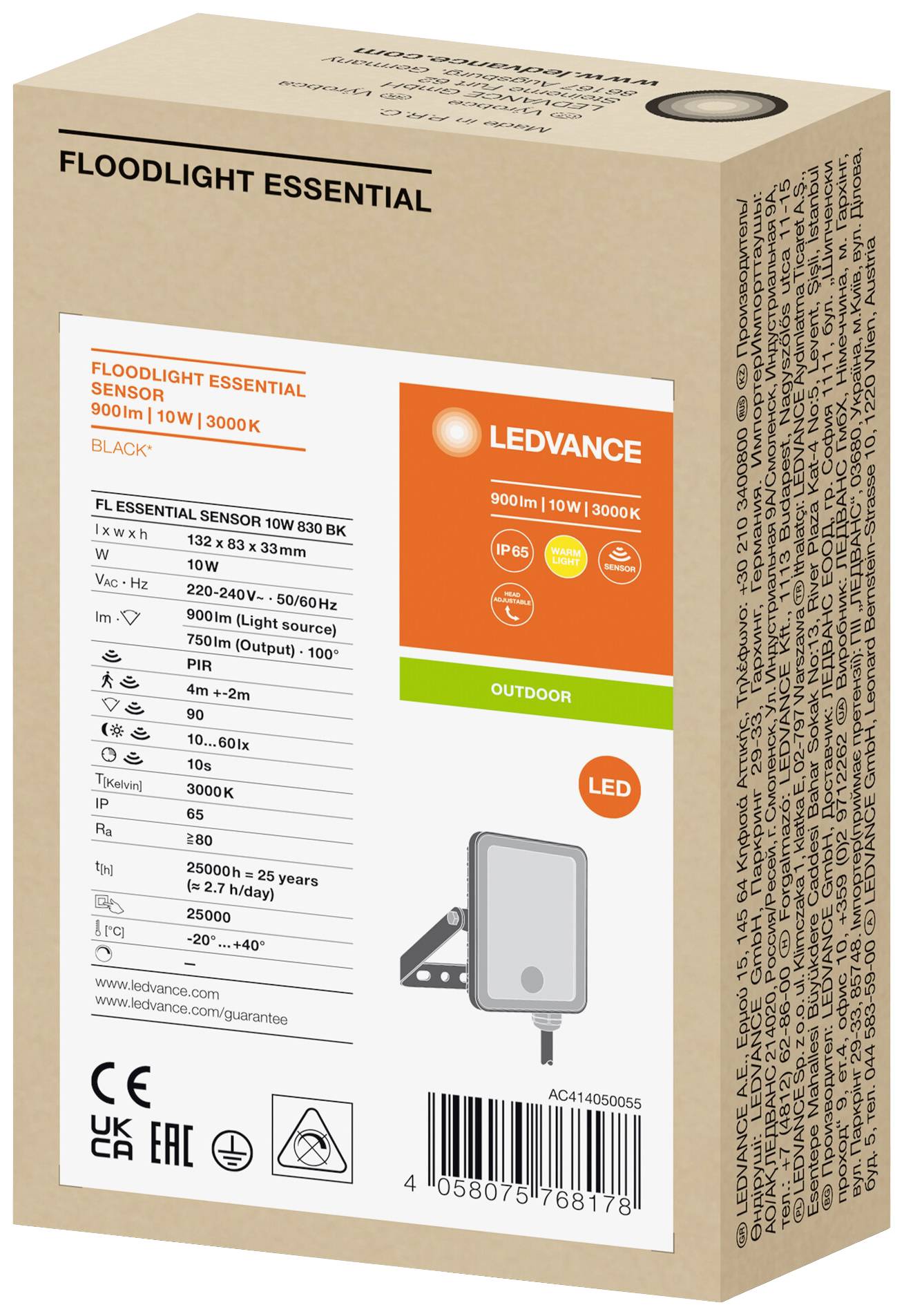 Smeđi karton s informacijama o LED reflektoru Essential Sensor. Specifikacije: 10W, 900 lumena, 3000K, IP44, za vanjsku upotrebu.