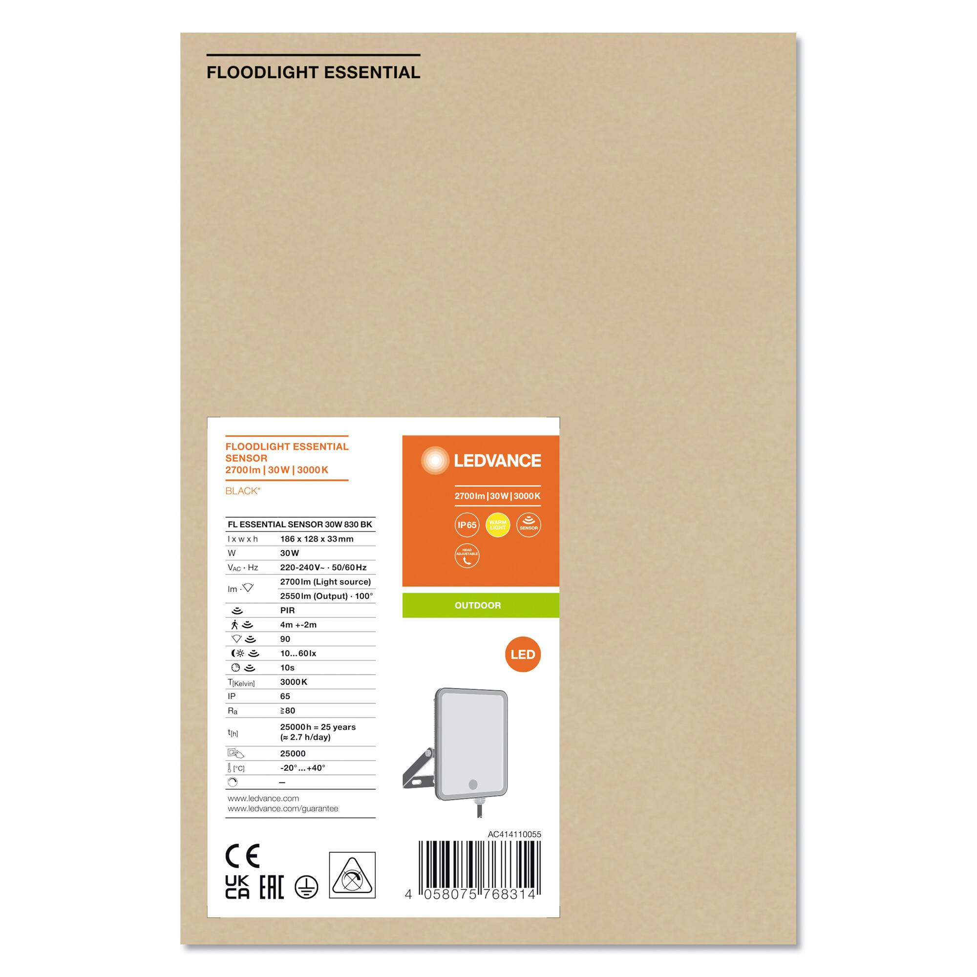 Pakiranje LED reflektora marke Ledvance, model Essential, 20 W, 1800 lm, 3000 K, pogodan za vanjsku upotrebu.