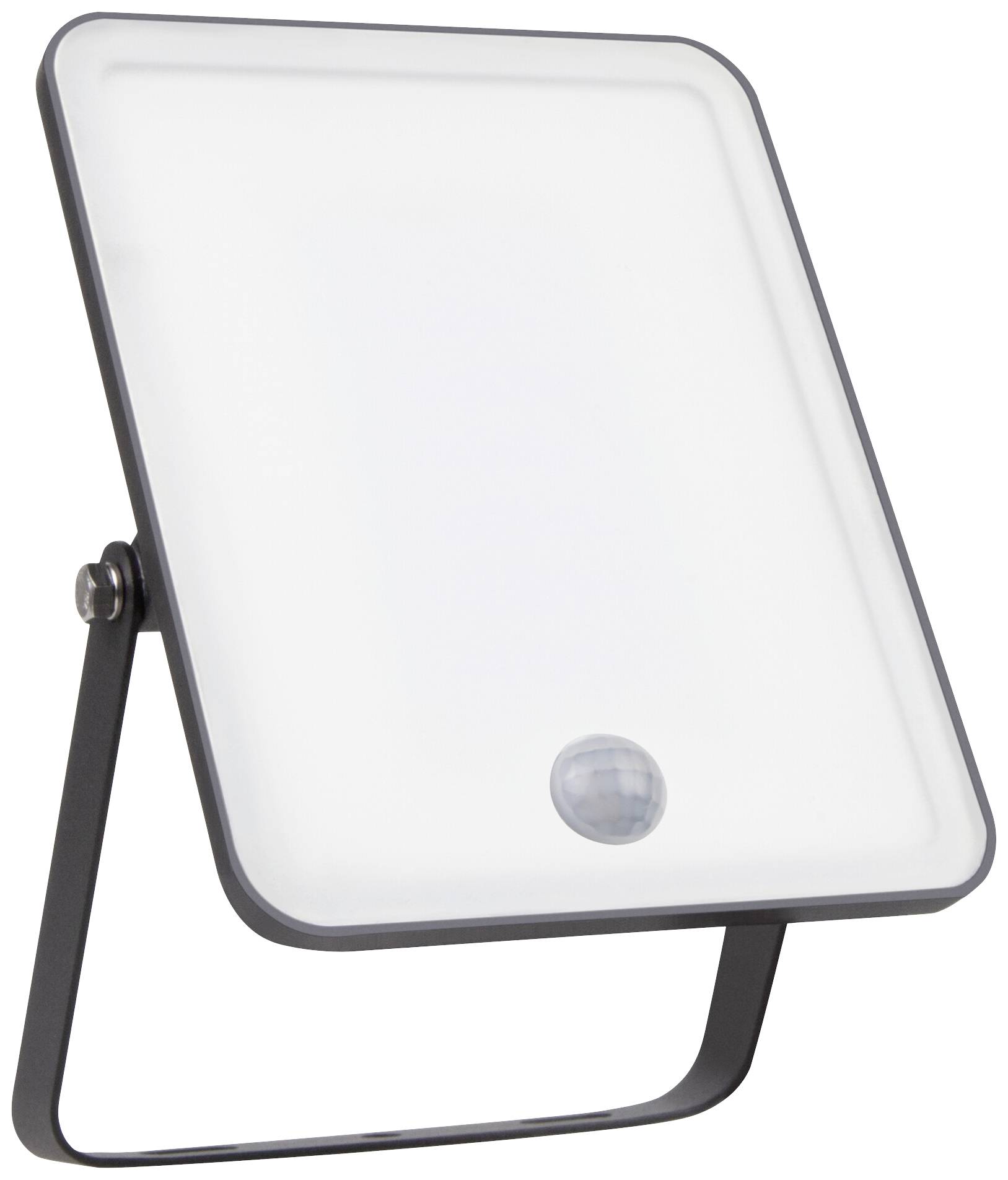 Pravokutni LED reflektor s detektorom pokreta i stabilnim metalnim postoljem za učvršćivanje na zid ili horizontalne površine.