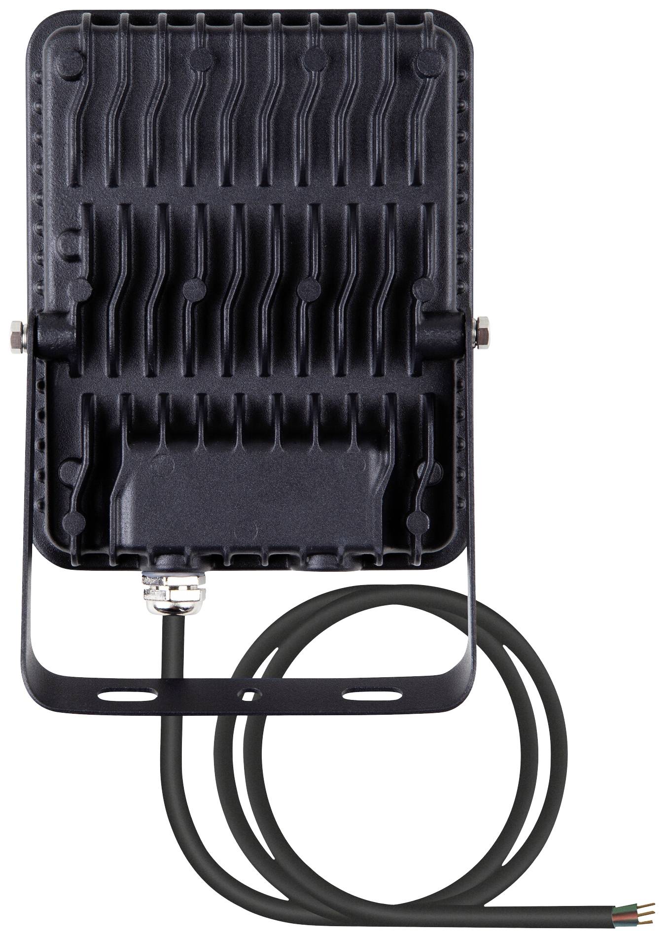 Crni LED reflektor s nosačem za montažu i priključenim kabelom, na stražnjoj strani vidljive su rebrastе površine za odvođenje topline.