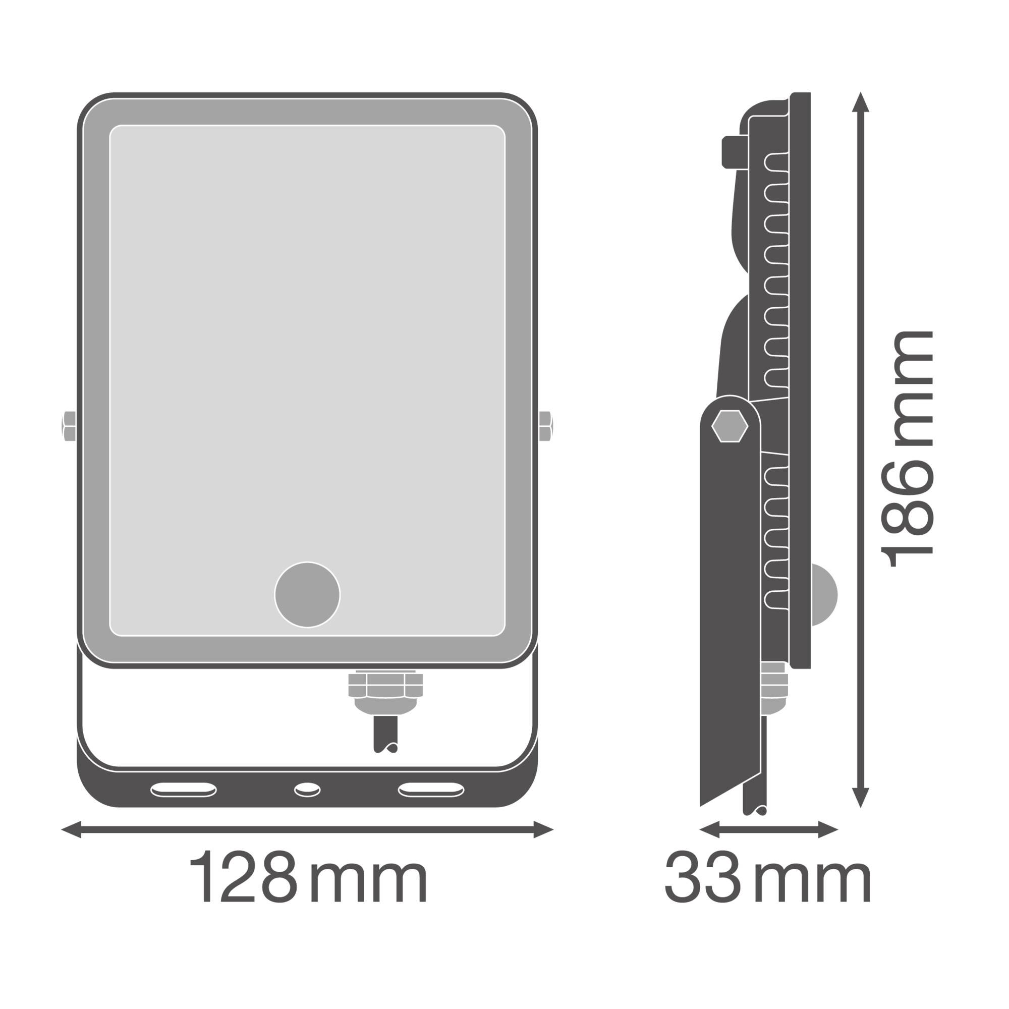 Tehnički nacrt pravokutnog LED reflektora s dimenzijama: 128 mm širina, 186 mm visina, 33 mm dubina.