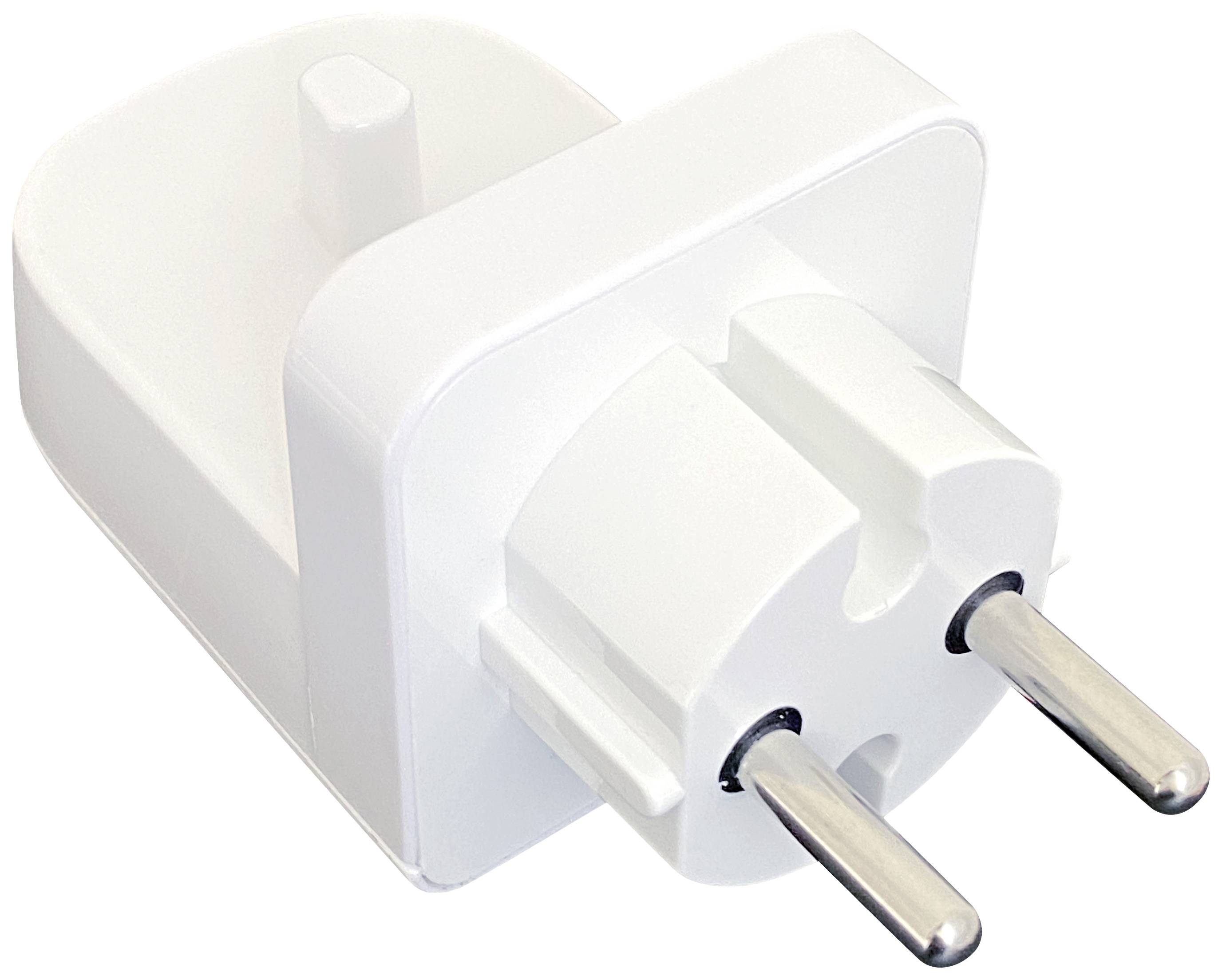 Bijeli, dvopolni putni adapter za europske utičnice. Pogodan za priključivanje elektroničkih uređaja na europske električne mreže.