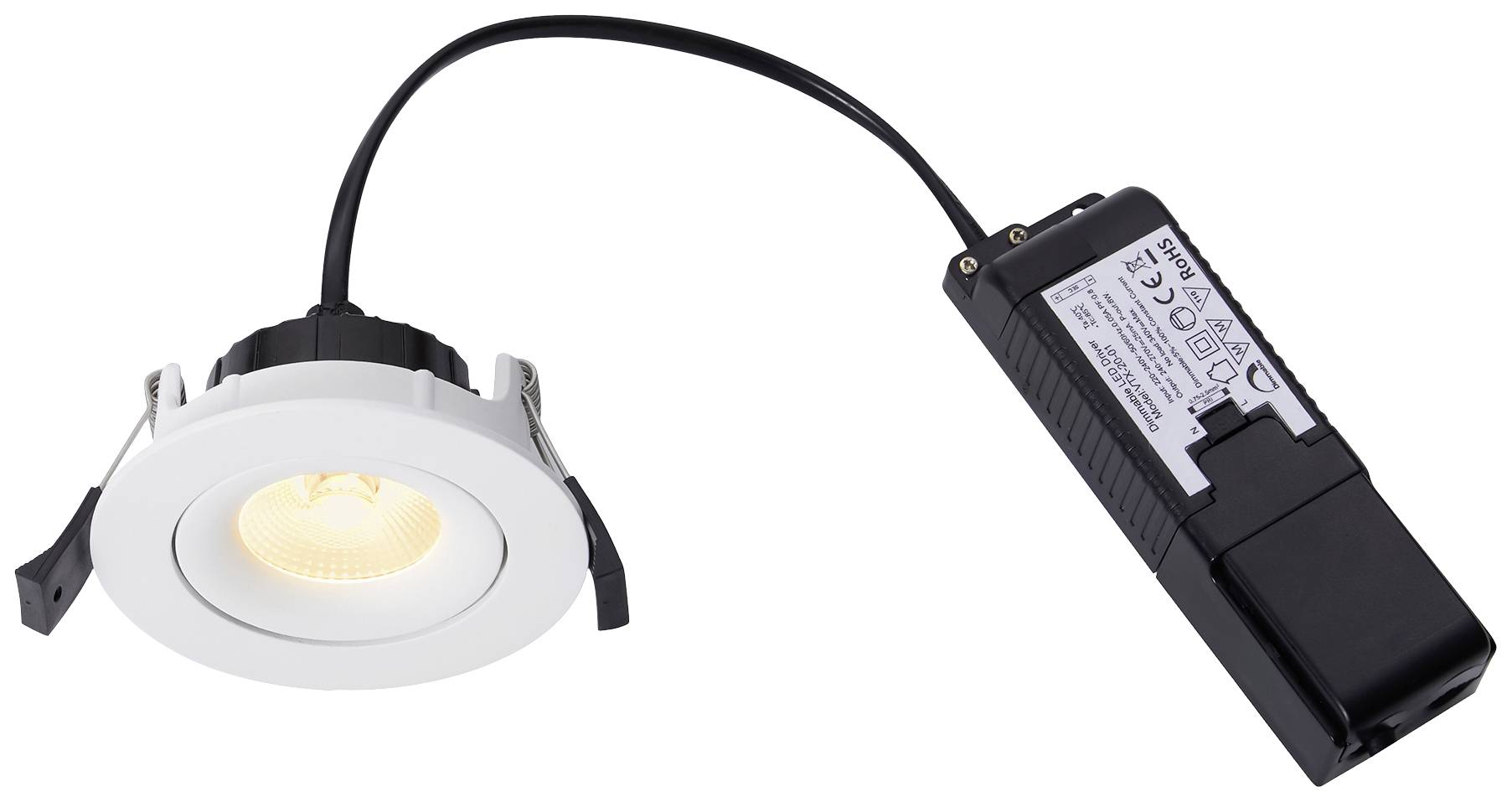 Okrugli, bijeli LED downlight spot s crnim transformatorom i kabelom. Štedljiv, pogodan za ugradnju na strop.