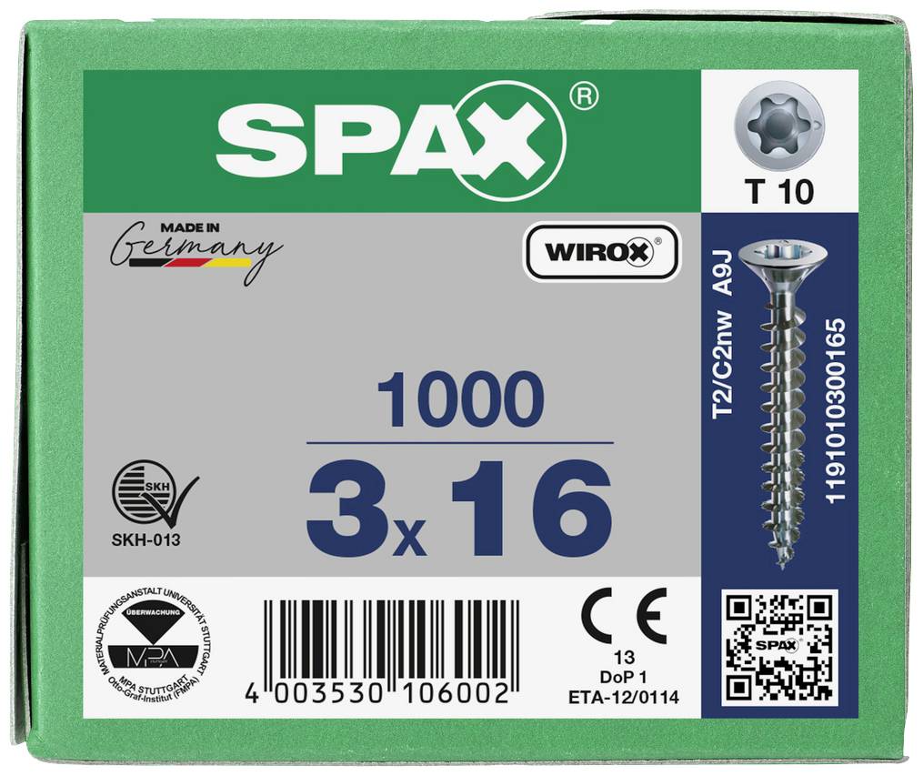 Zelena ambalaža SPAX vijaka, sadržava 1000 komada, veličina 3x16 mm, proizvedeno u Njemačkoj, s QR kodom i specifikacijama proizvoda.