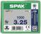 Zelena ambalaža za 1000 SPAX vijaka, veličina 3x25 mm, Made in Germany. Gore desno slika vijka, QR kod dolje desno.
