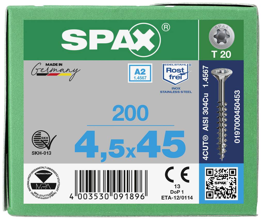 SPAX vijci, T-20, A2 nehrđajući čelik, otporni na koroziju, veličina 4,5x45 mm, 200 komada. Sadrži bar-kodove i certifikate kvalitete.