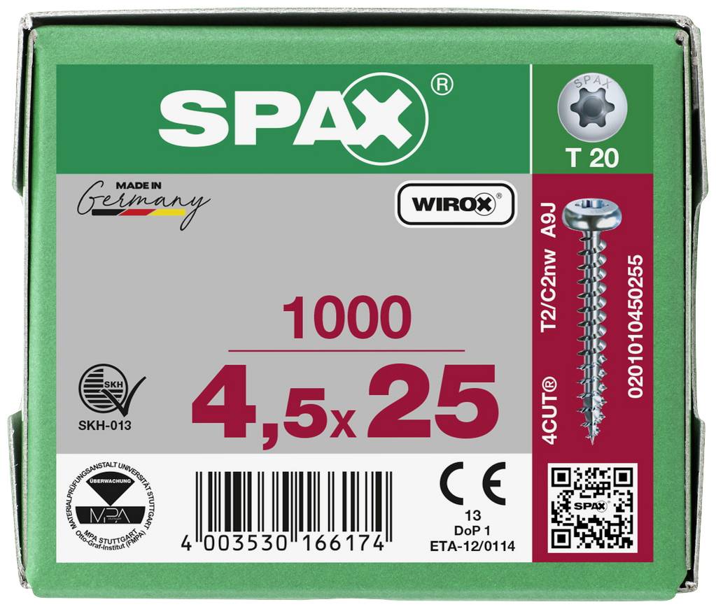 Zelena SPAX ambalažа vijaka, veličina 4,5x25 mm, s QR-kodom, logotipovima marke i natpisom 'Made in Germany'.
