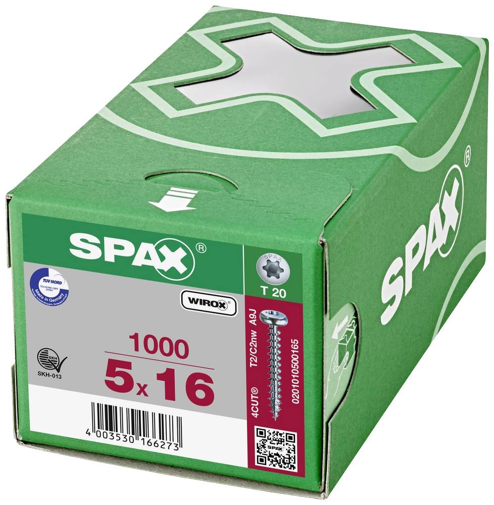 Zelena kutija s natpisom 'SPAX', sadrži 1000 vijaka veličine 5x16 mm, prikladnih za drvene konstrukcije, s Torx T20 glavom.