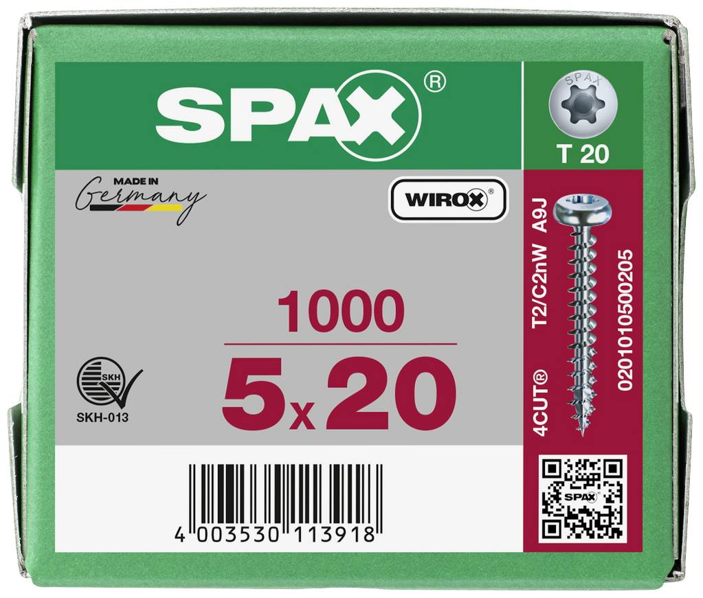 Zelena SPAX kutija sa 1000 vijaka veličine 5x20, Made in Germany. Sadrži QR kod i tehničke detalje vijaka.