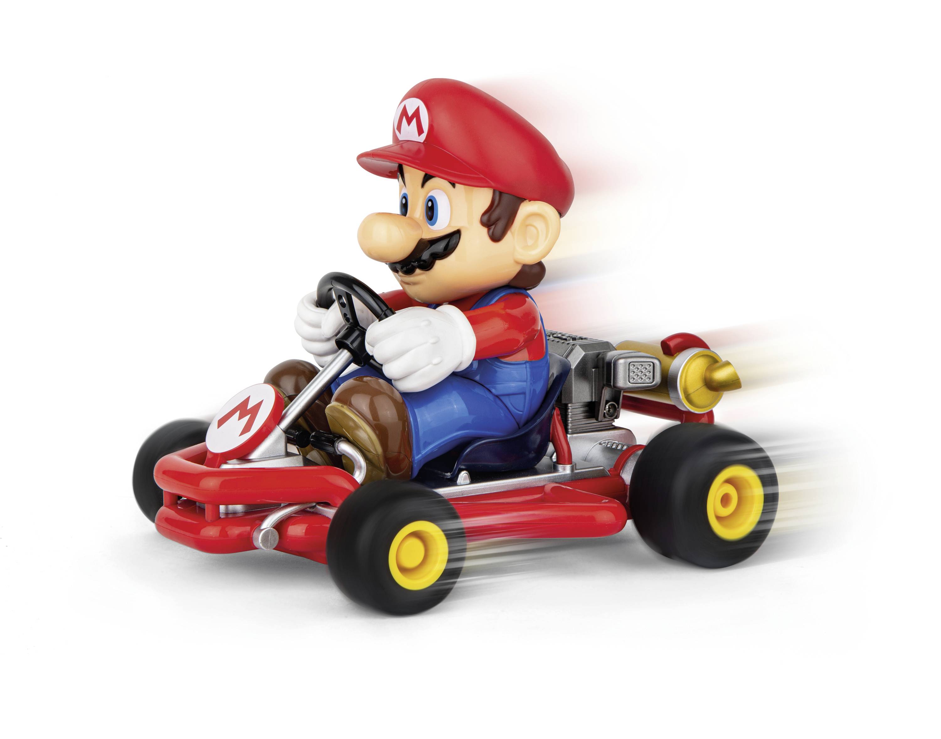 Muškarac u crvenoj odjeći i kapi vozi malo, crveno kart vozilo. Izgleda brzo i dinamično.