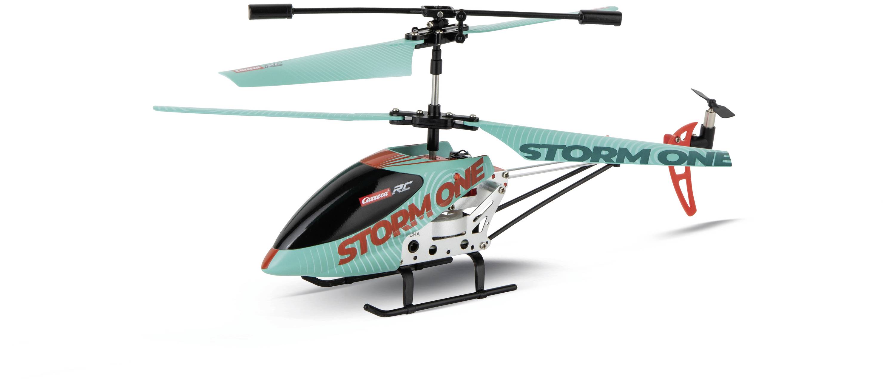 Igračka helikopter 'Storm One' s daljinskim upravljačem, prikazuje lopatice rotora i repni rotor, uglavnom obojen u tirkiznu i crnu boju.