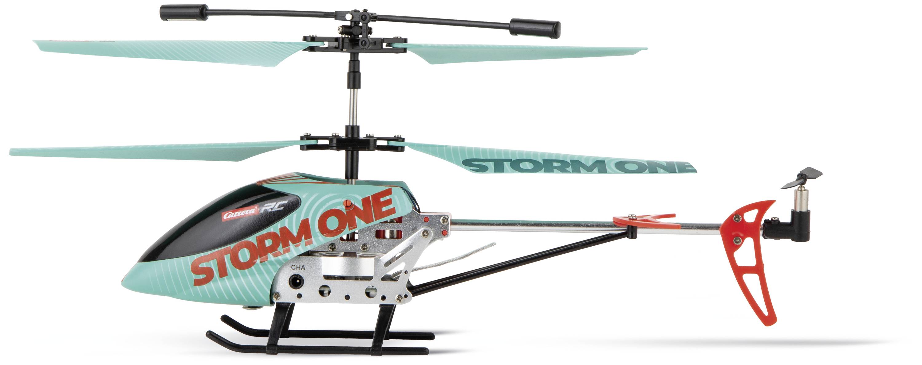 Igračka helikopter 'Storm One' s dva rotora, plavim trupom i crvenim naglascima, predstavljen na bijeloj pozadini.