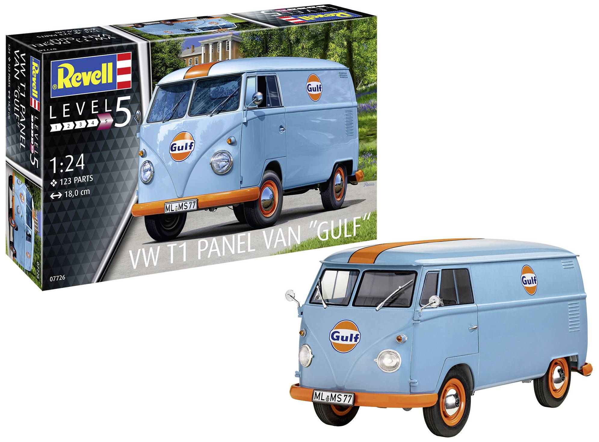 Komplet za sastavljanje VW T1 Transportera u mjerilu 1:24 s Gulf logotipom, sastavljen od 123 dijela. Model prikazuje plavi van.